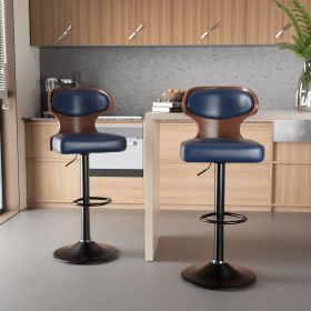 Bar Stools Set of 2 Seat Adjustable Height 25.2-33.8IN - Bentwood Swivel Barstools with Back & Footrest - PU Leather Upholstered Bar Chair for Bar (Color: Blue, count: 1 set)