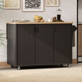 51" Fluted Kitchen Island with Drop Leaf, Farmhouse Accent Kitchen Island on Wheels with Internal Storage Rack (Material: MDF,Pine, Color: Black)